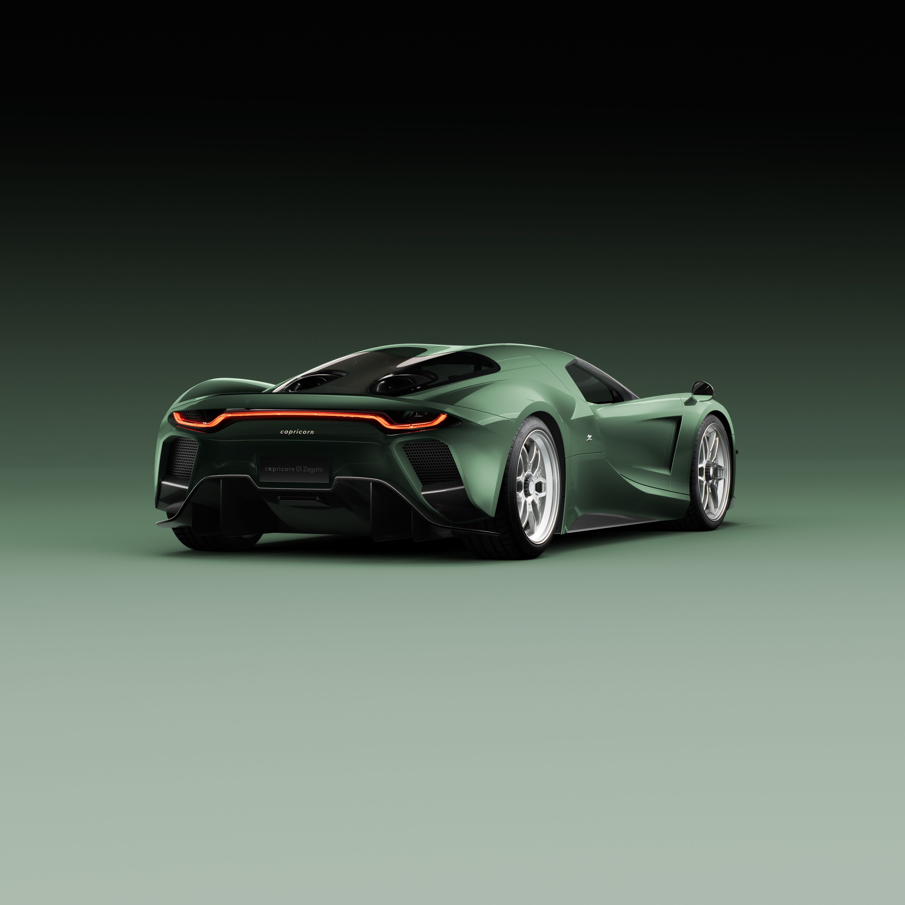 3/4 view of the capricorn 01 Zagato hypercar on a green, gradient backdrop