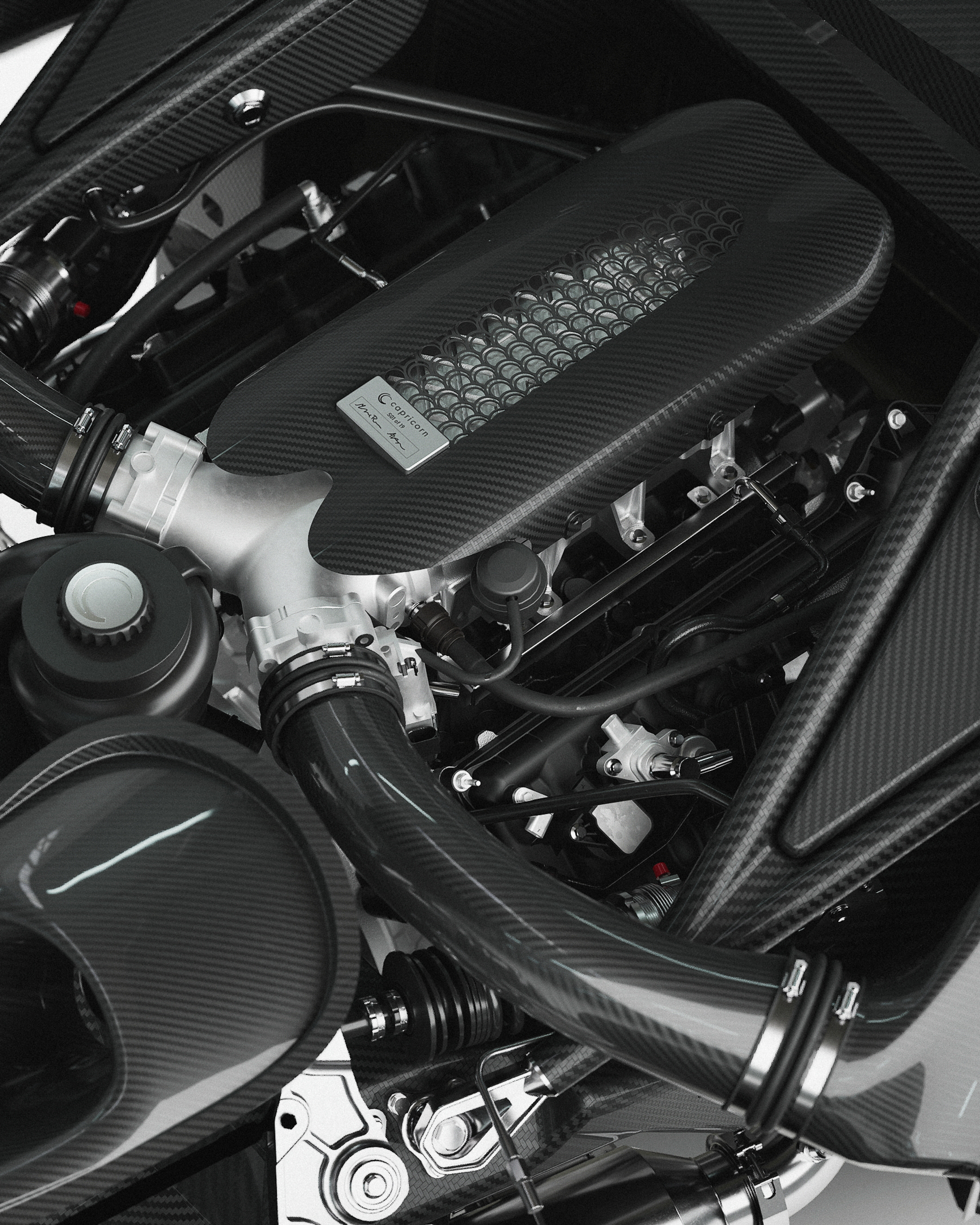 Close up shot of the engine component of the capricorn 01 zagato hypercar